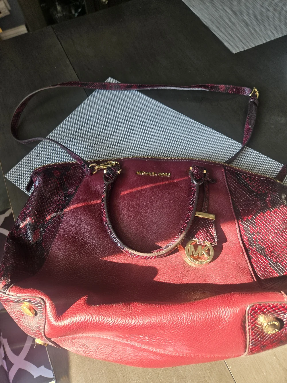 Michael Kors Burgundy Leather Satchel with Snake-Texture Accents